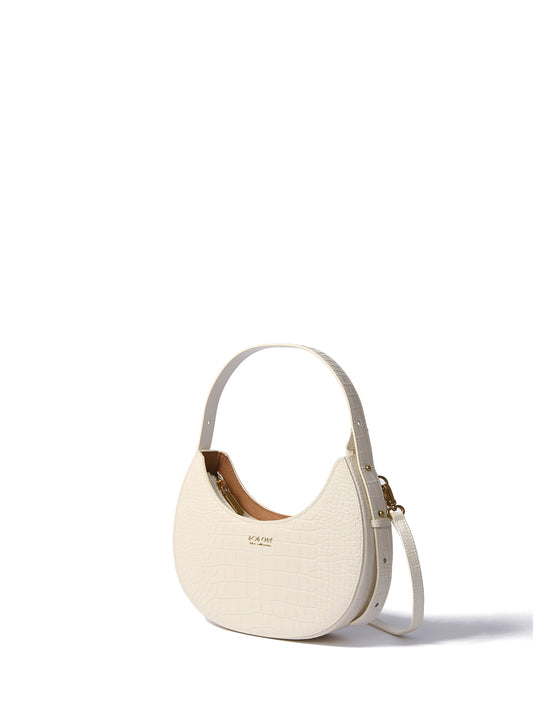 Naomi Leather Moon Bag with Croc-Embossed Pattern, White