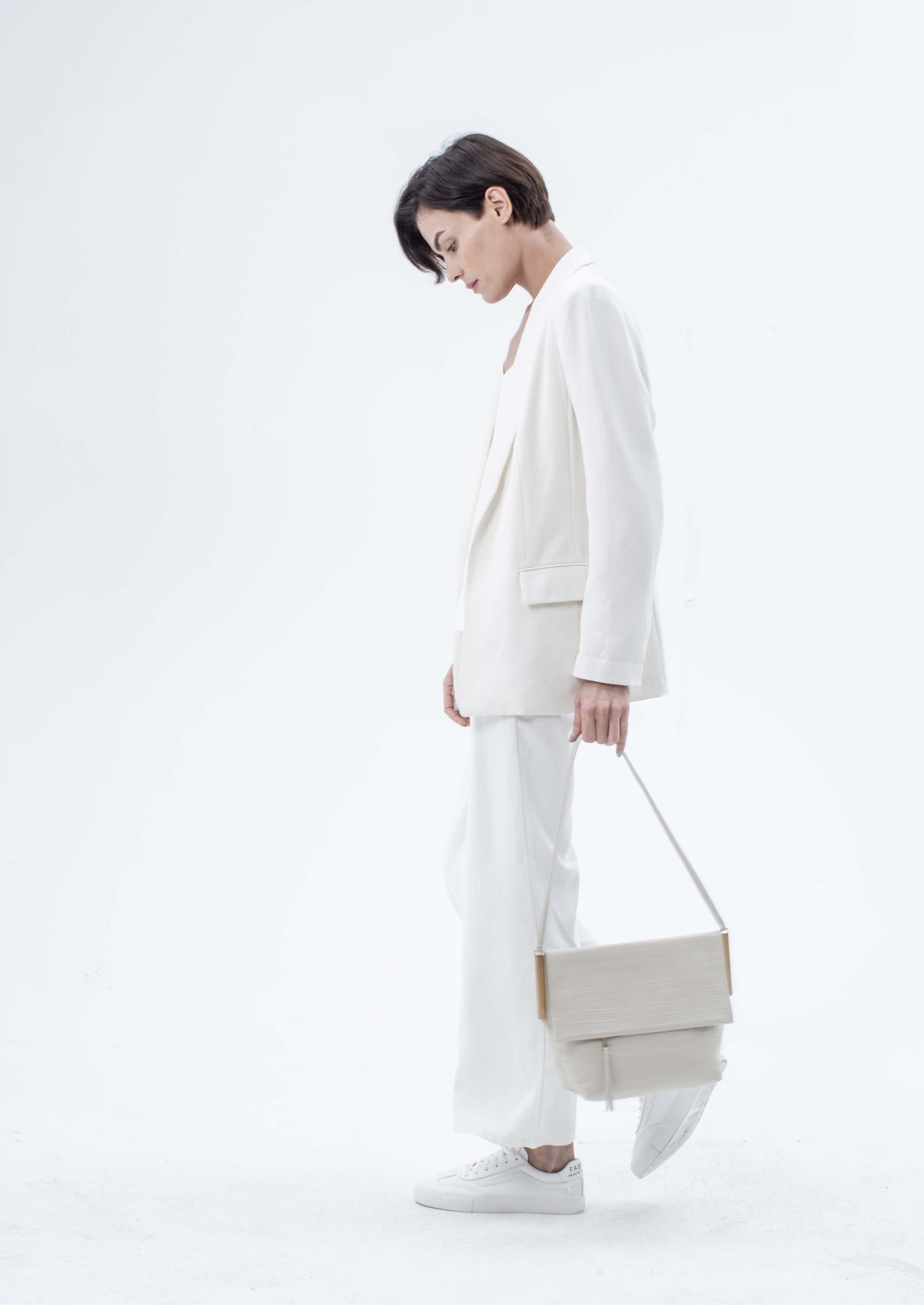 Giselle Leather Bag with Croc-Embossed Pattern, White